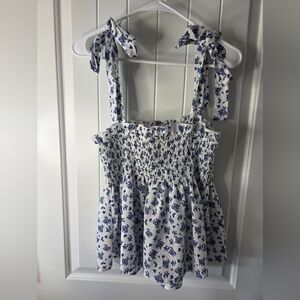 Flowy White Smocked Tie-Strap Floral Tank Top - Blue Floral Small